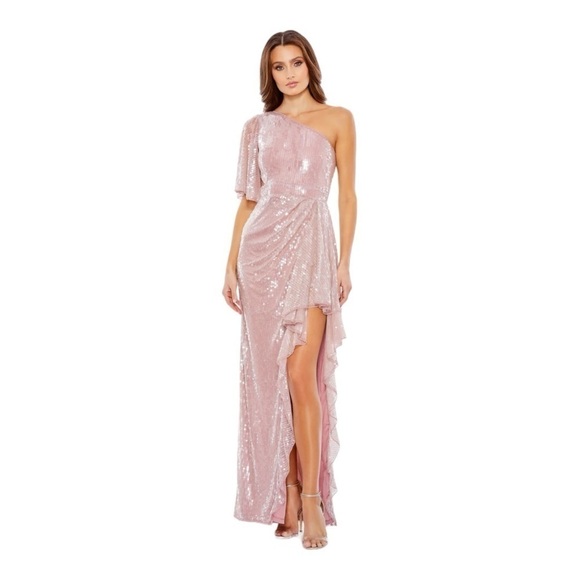 Mac Duggal Sequined Flutter Sleeve One Shoulder Draped Gown NWT - Picture 1 of 11